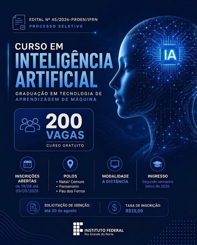 IFRN abre 200 vagas para graduação em Tecnologia em Aprendizagem de Máquinas na modalidade EaD