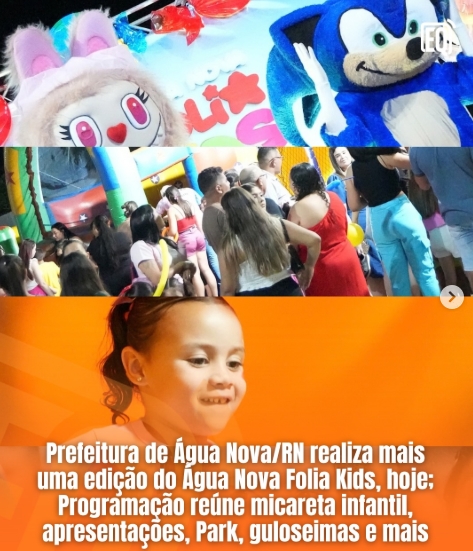 A Prefeitura de Água Nova/RN, na gestão do Prefeito Netinho Macário, garante mais um ano de diversão para a criançada com mais uma edição do Água Nova Folia Kids, hoje.