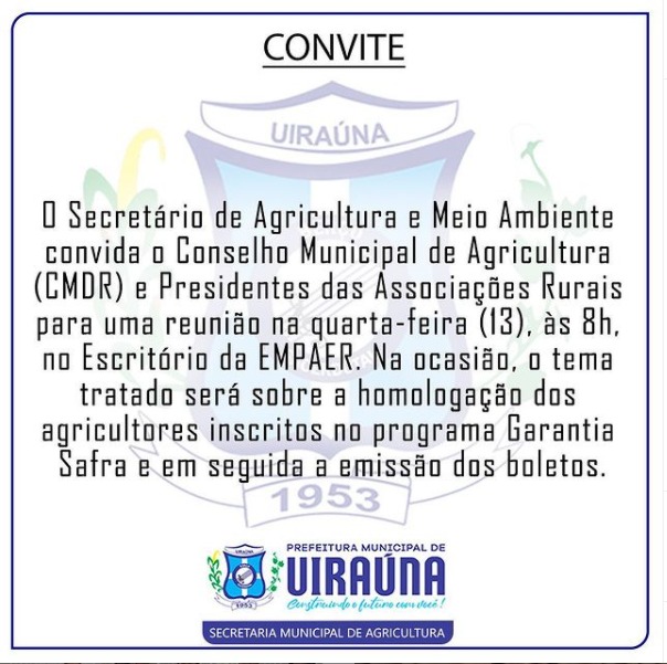 Secretário de agricultura e meio ambiente de Uiraúna emite convite para uma reunião nessa quarta-feira (13)