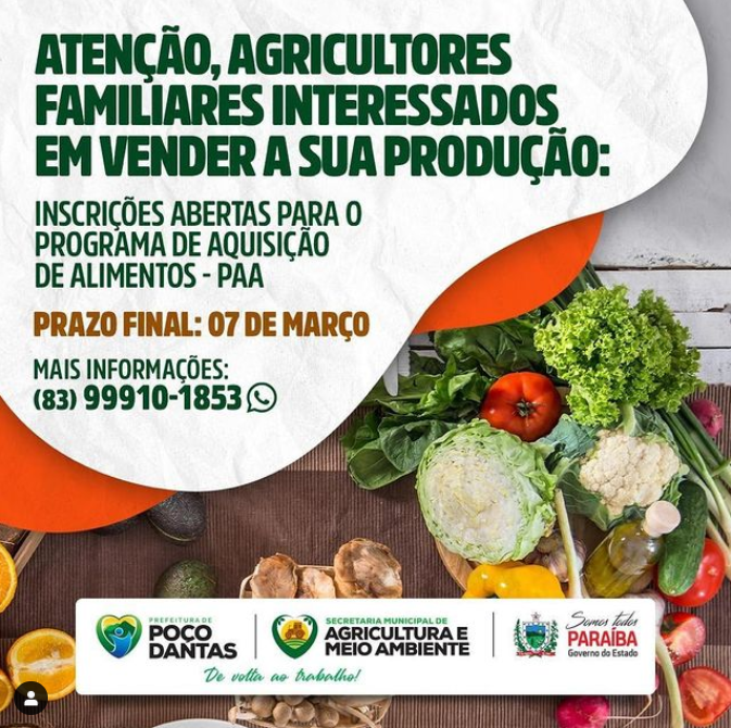 Prefeitura Municipal de Poço Dantas/PB,  abre inscrições para a participação do Programa de Aquisição de Alimentos 2021