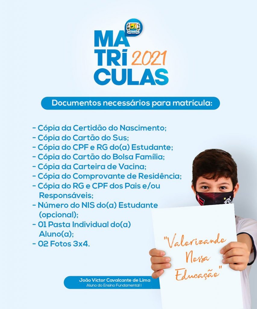 A rede Municipal de ensino de Pau dos Ferros/RN, reforça acerca do seu calendário de matrículas 2021