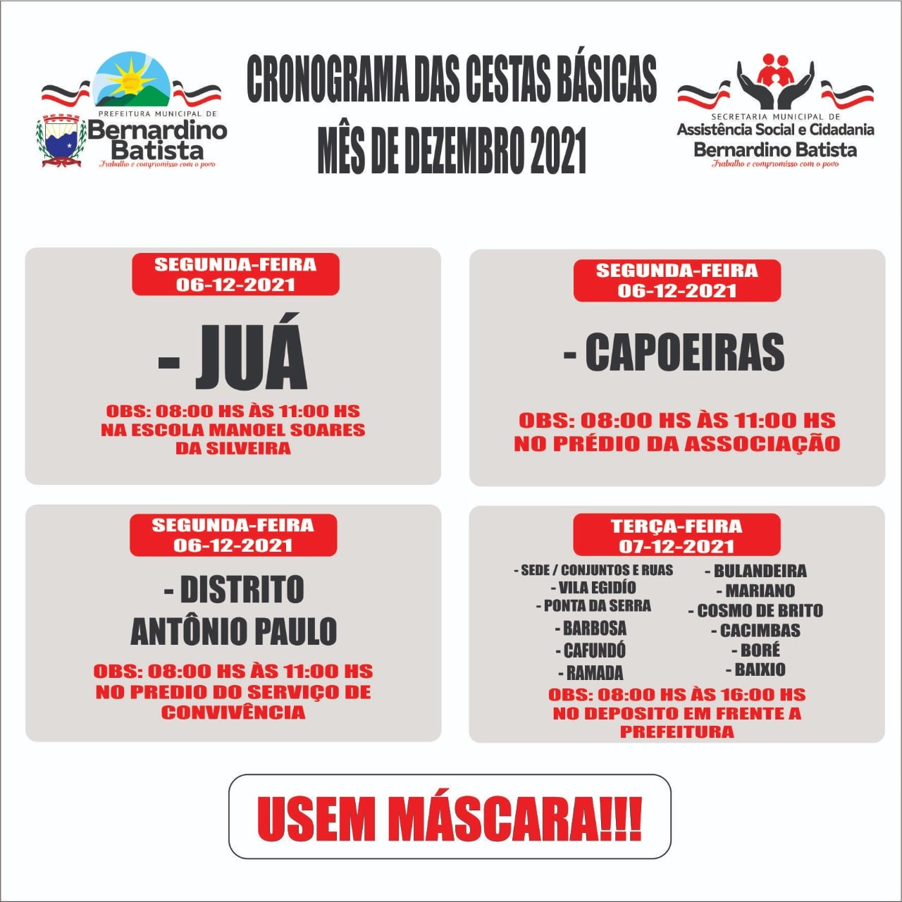 Prefeitura de Bernardino Batista mantém a sequência mensal de entrega de cestas básicas às famílias carentes do município.