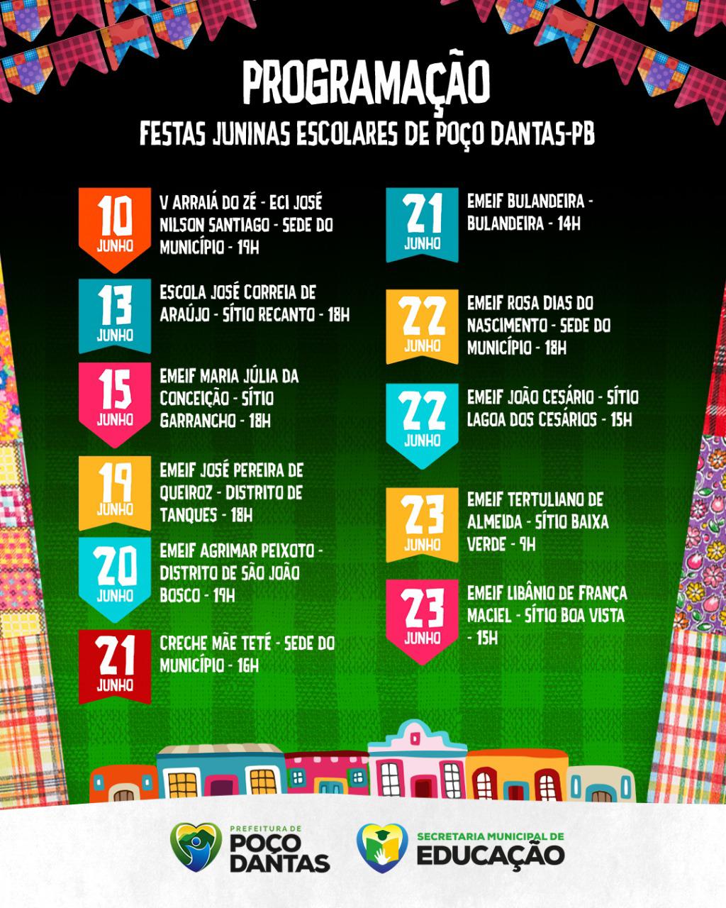 Programação das festas juninas escolas de Poço Danças são divulgadas