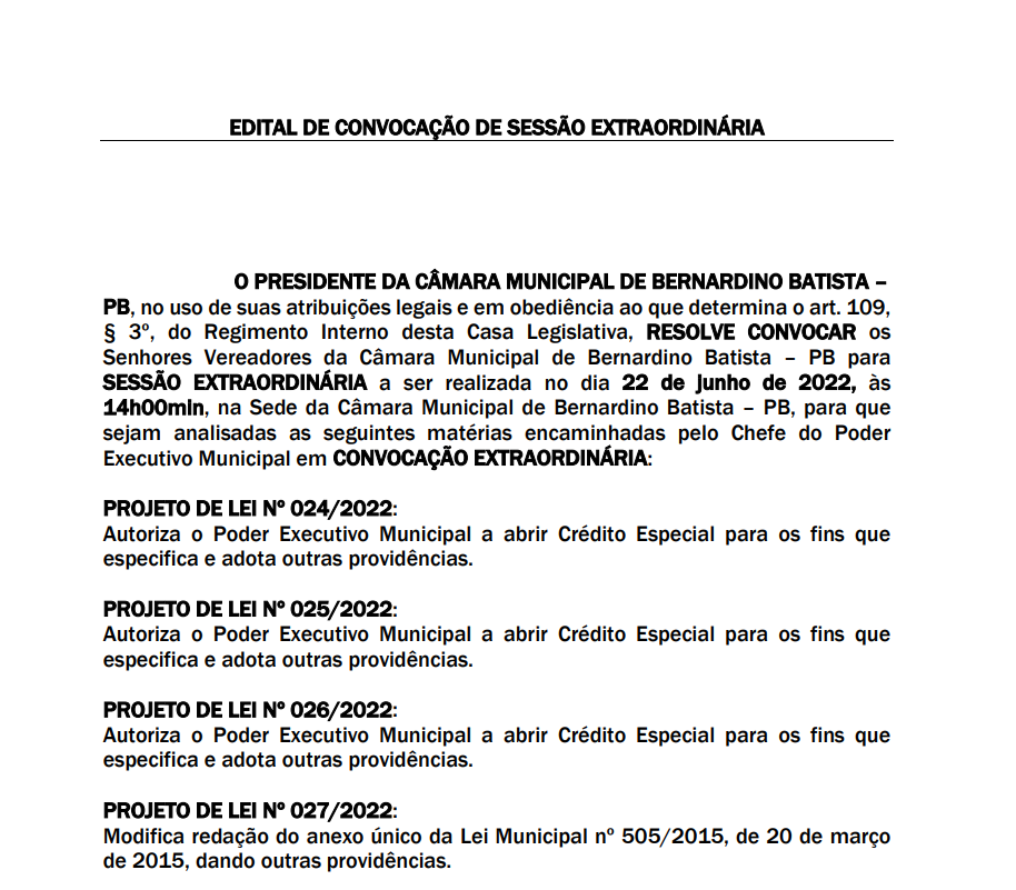 Câmara municipal de Bernardino Batista realizará sessão extraordinára para apreciar projetos de lei