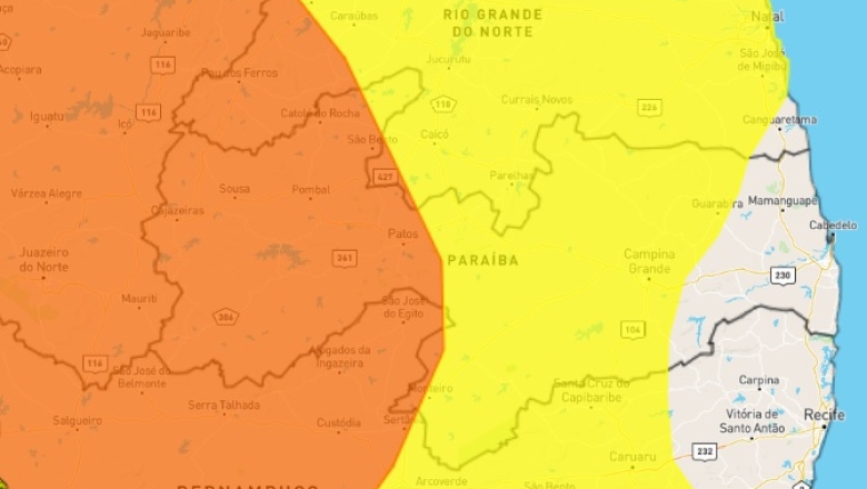 Paraíba tem alerta de chuvas intensas em quase todo o estado