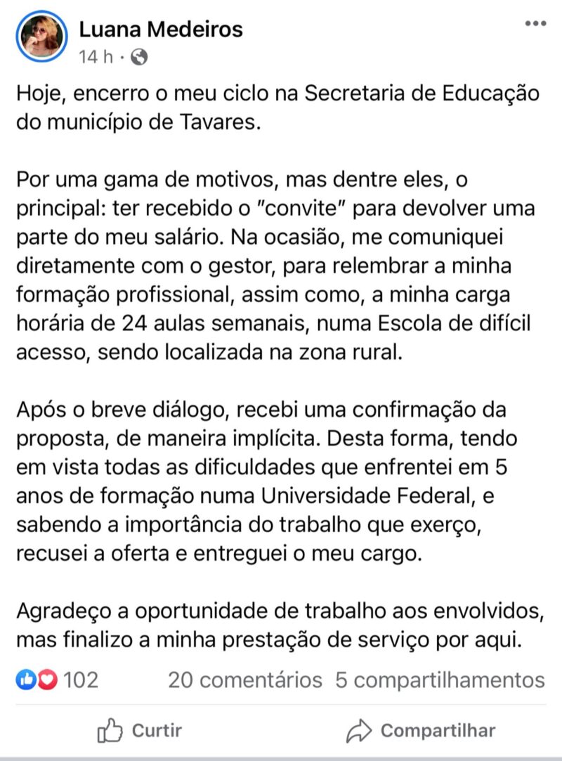 Professora na cidade de Tavares pede demissão após ser convidada a integrar ‘rachadinha’ com seu salário
