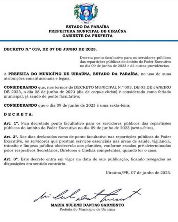 Prefeitura de Uiraúna decreta ponto facultativo nas repartições municipais nessa sexta-feira, 9