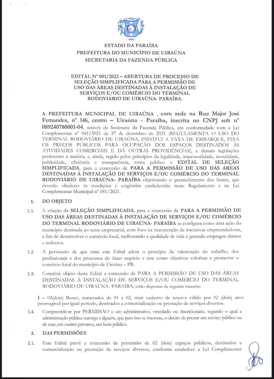 Prefeitura Municipal de Uiraúna lança Edital de Seleção Simplificada para concessão de áreas no Terminal Rodoviário