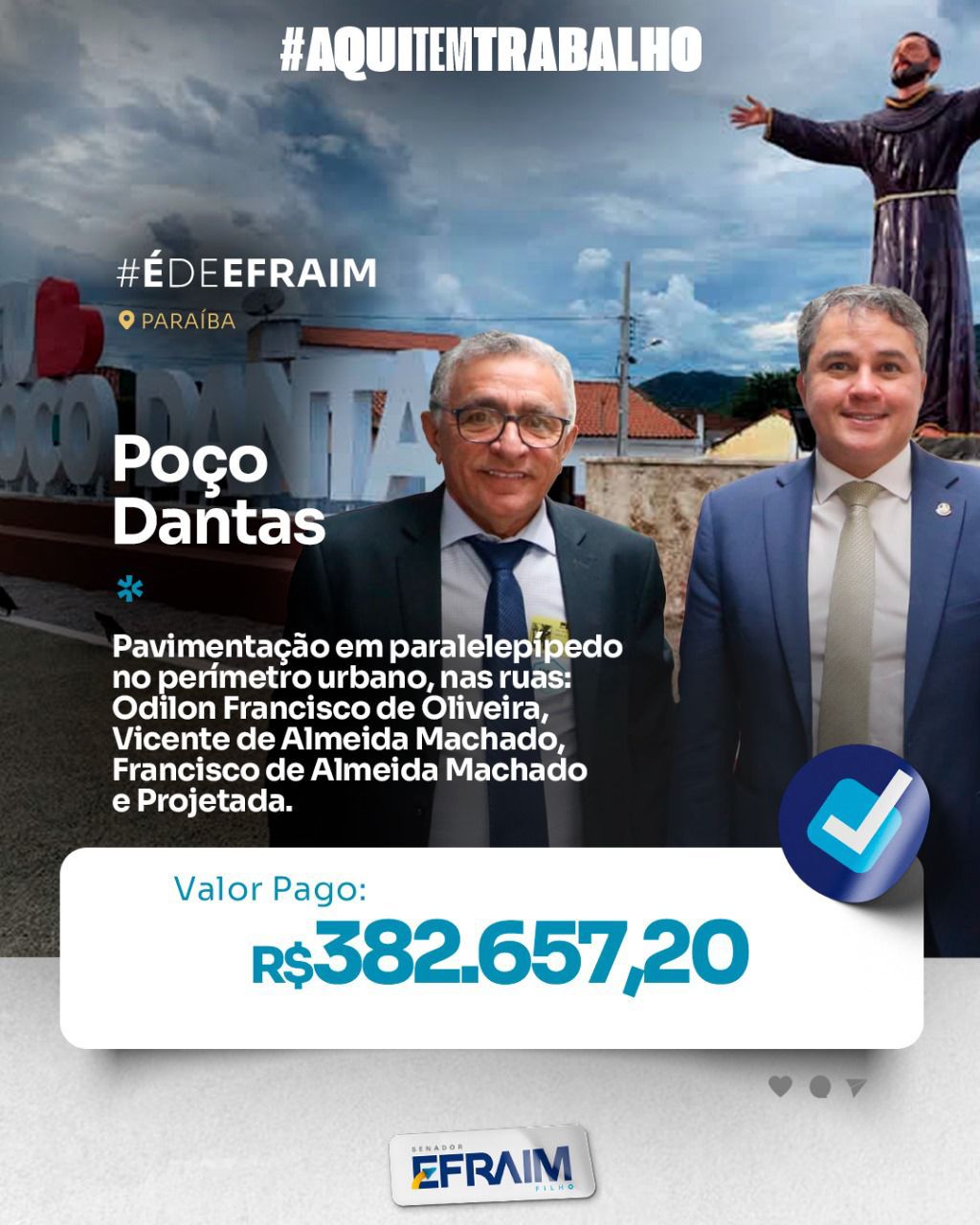 Itamar Moreira receberá mais 400 mil para pavimentação de ruas em Poço Dantas
