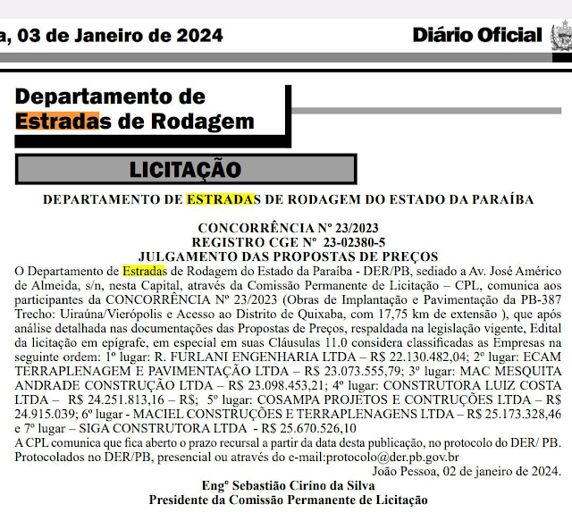 DER anuncia a empresa ganhadora na licitação da estrada de Uiraúna/ Vieirópolis