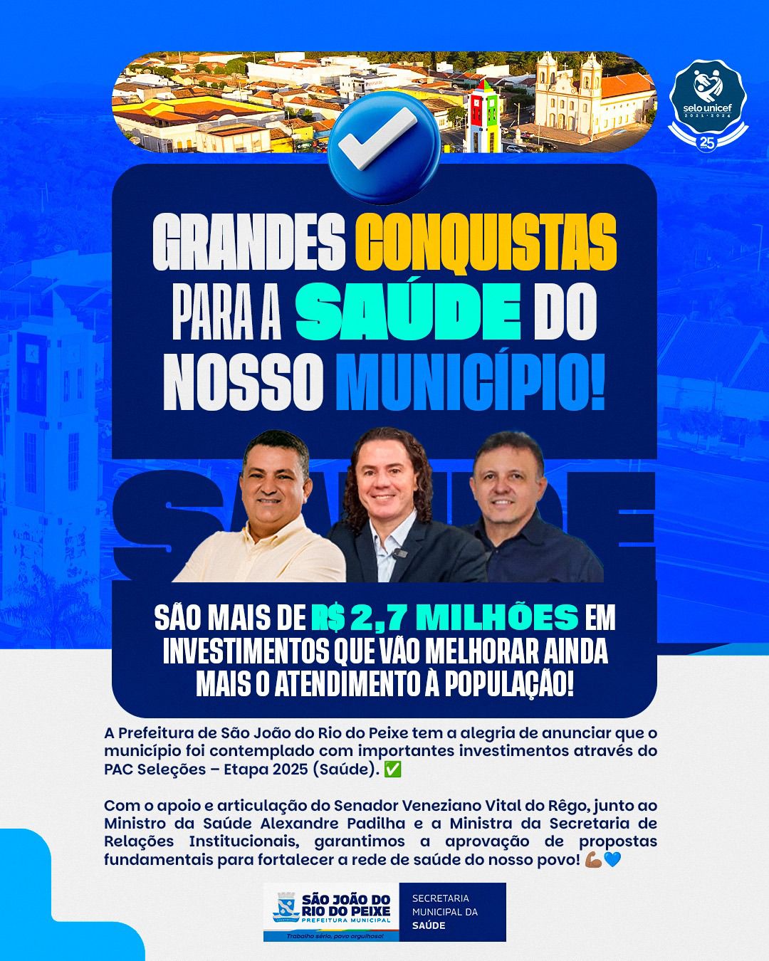 CONQUISTA: Prefeito Luiz Claudino anuncia investimento de R$ 2,8 milhões na saúde de São João do Rio do Peixe-PB através do PAC Seleções 2025