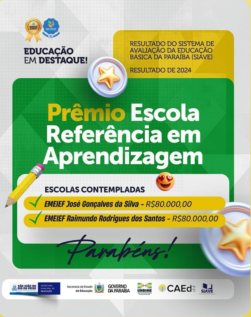 São João do Rio do Peixe tem duas escolas premiadas com o prêmio Referência em Aprendizagem.