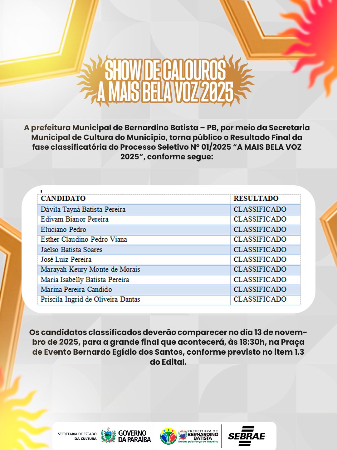 Finalistas do concurso “A Mais Bela Voz 2025” são divulgados em Bernardino Batista