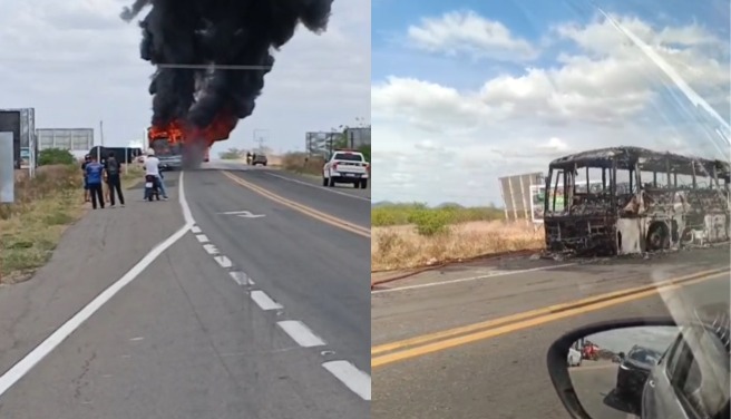 Ônibus de passageiros é destruído por incêndio em Sousa