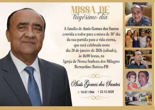 Missa de 30º dia do ex-prefeito Assis Gomes será celebrada no sábado (24) em Bernardino Batista
