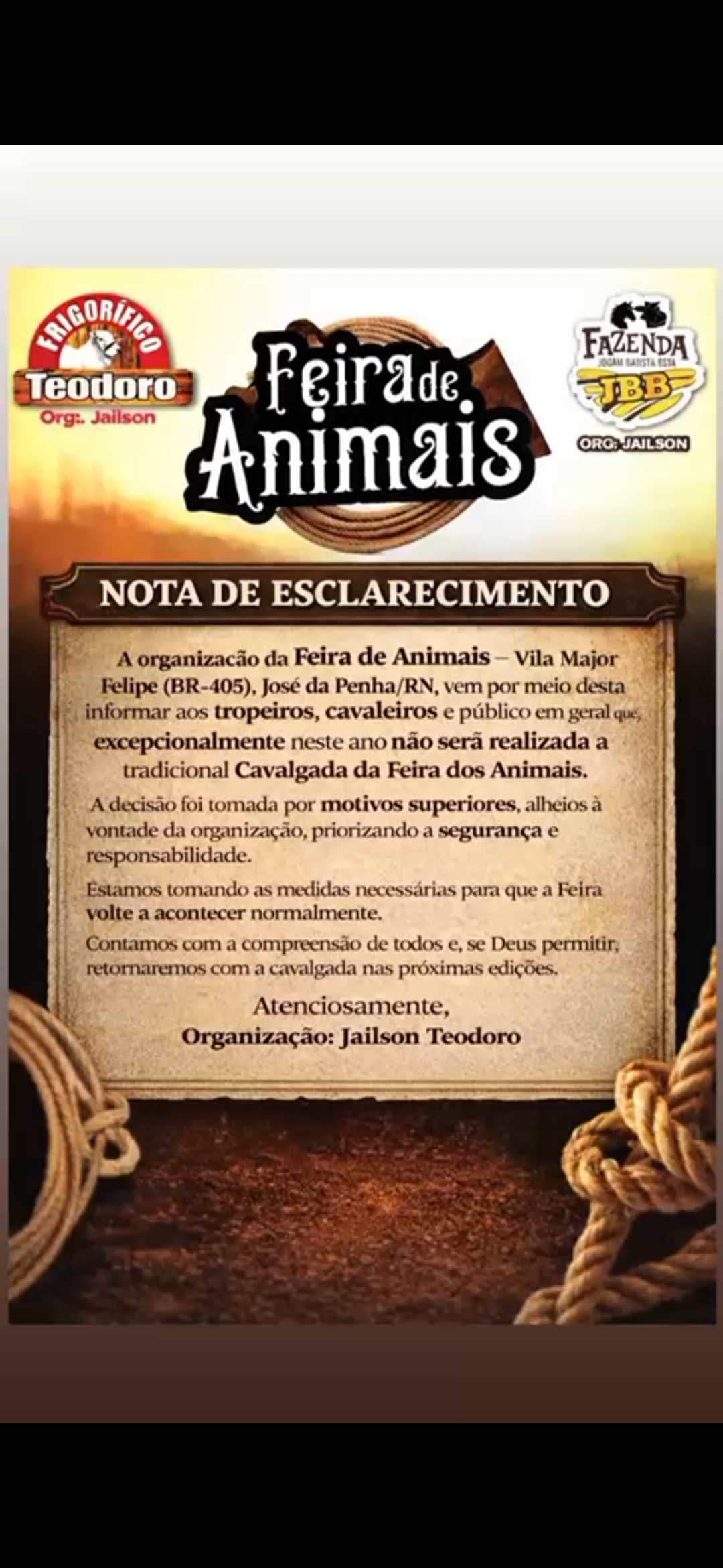 Cavalgada da Feira de Animais é cancelada em José da Penha; o