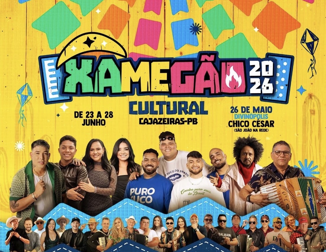 Xamegão: programação do São João 2026 de Cajazeiras, tem shows de Noda de Caju, Menos é Mais e Japãozin